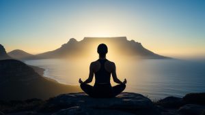 image of a women meditating facing table mountain